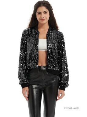 Sequin Bomber Jacket Long Sleeve Open Front Cropped Sparkly Party Jacket